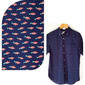 Old Navy Men's Button Up Short Sleeve Shirt XXL Fish Print Cotton Spandex Blend